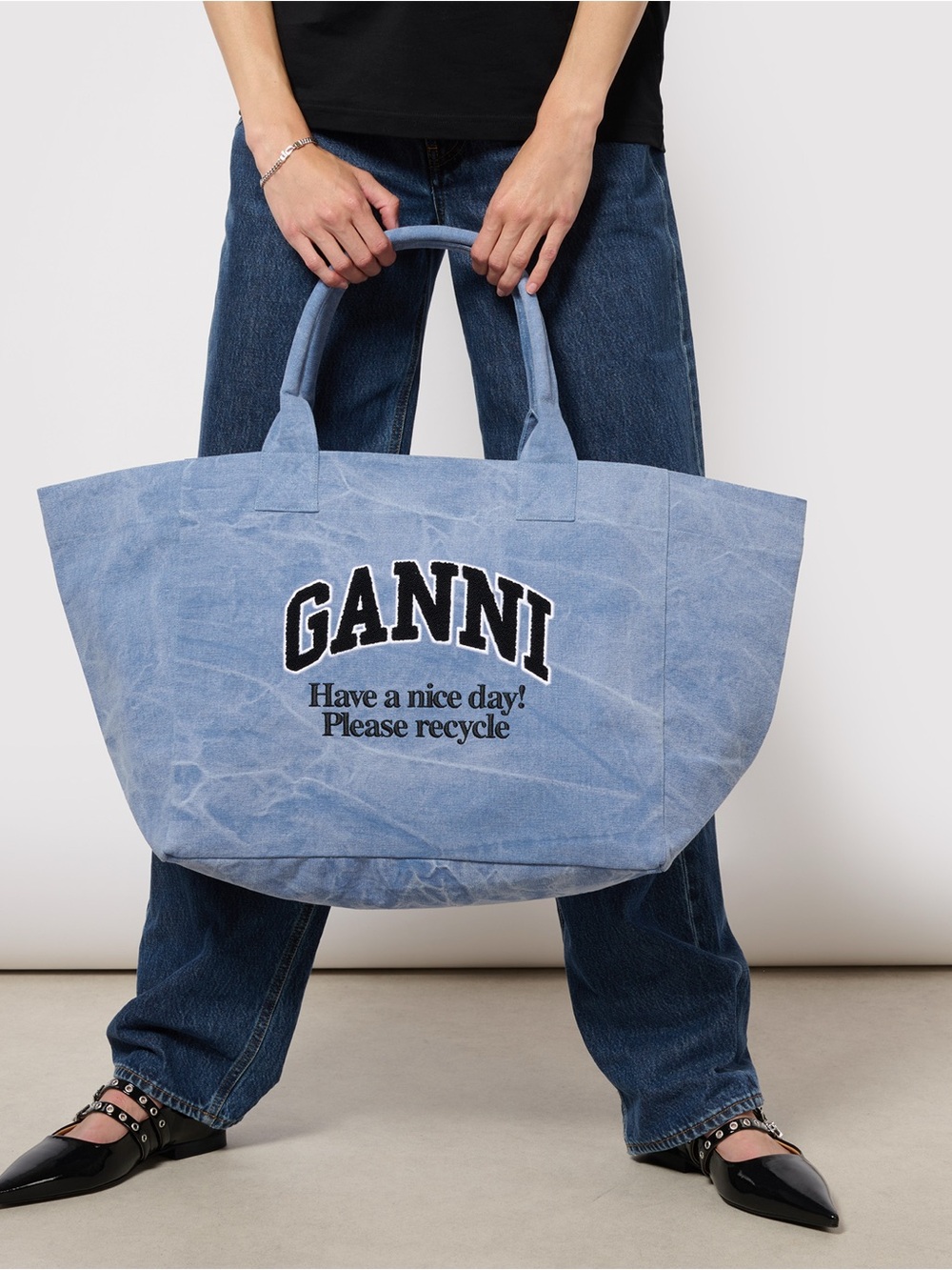 GANNI Washed Denim Logo Tote XXL Size